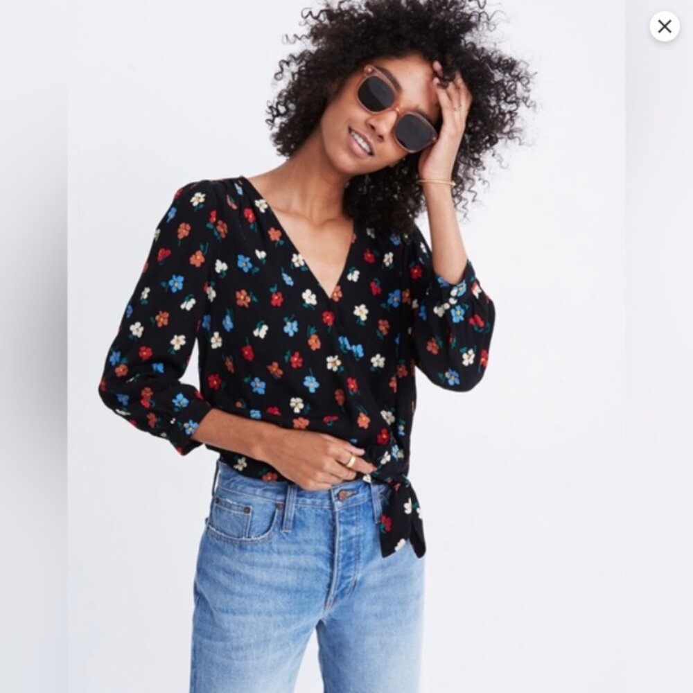 Madewell red white and blue flower wrap top, size M